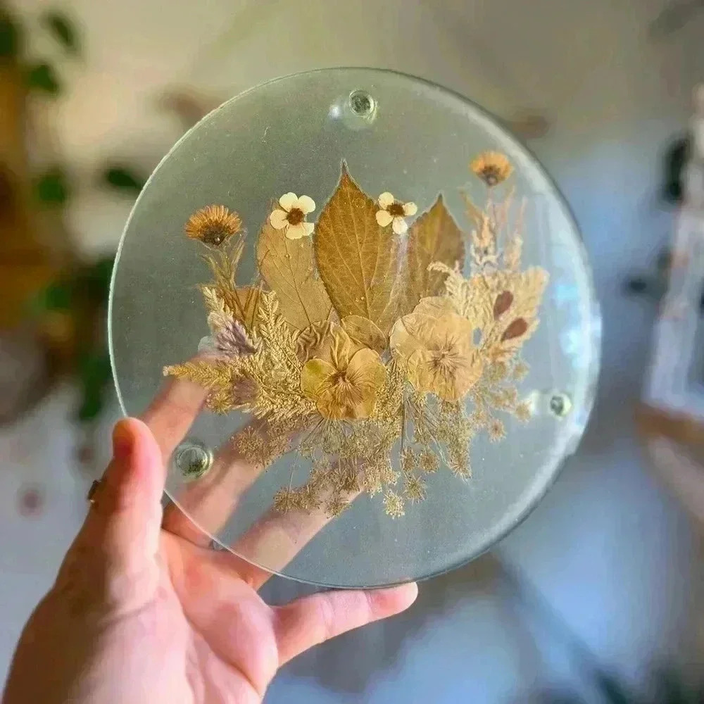 Vintage Glass Trivet with Pressed Dried Flowers 8" Wide Boho Style